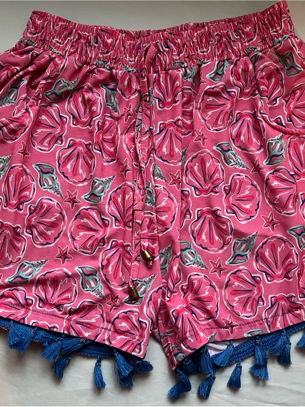 Simply Southern Pink Shell-Print High Waist Shorts with Blue Tassel Hem